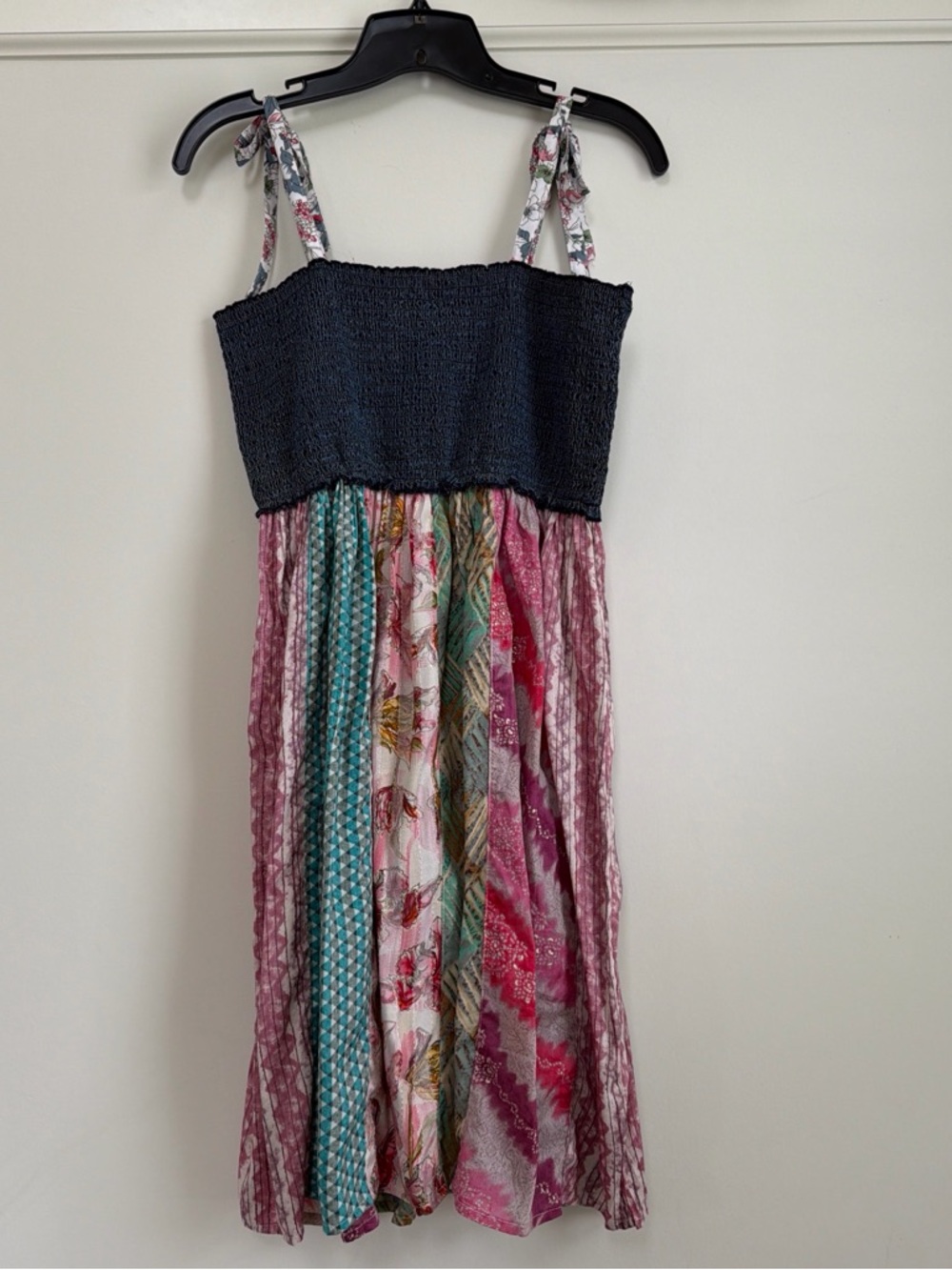 Young Threads Patchwork Smocked Boho Mini Dress Multicolor Tie Straps NWT Sz XL